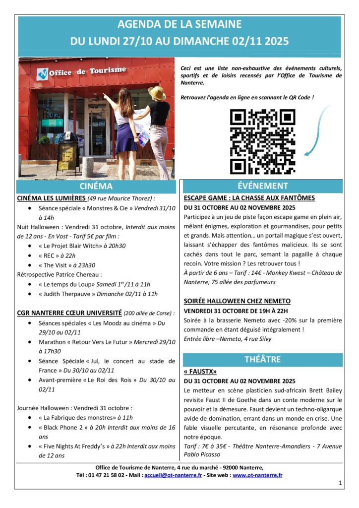 Agenda de la semaine du 27.10 au 02.11.2025 P1 Agenda de la semaine du 27.10 au 02.11.2025 P1 - Nanterre tourisme
