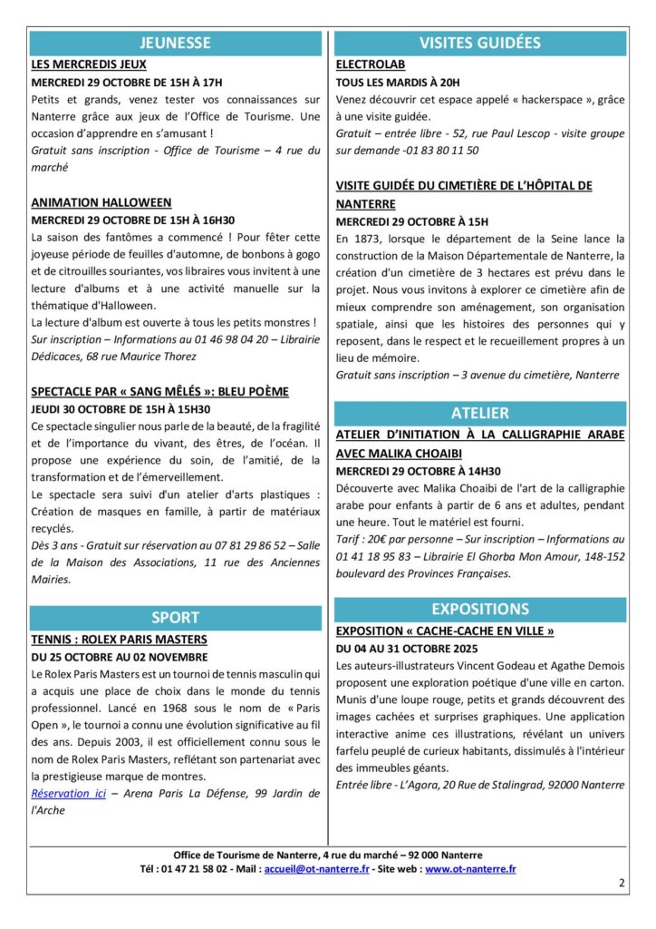 Agenda de la semaine du 27.10 au 02.11.2025 P2 Agenda de la semaine du 27.10 au 02.11.2025 P2 - Nanterre tourisme
