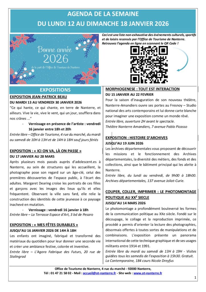 Agenda du 12 au 18 janvier 2026 P1 Agenda du 12 au 18 janvier 2026 P1 - Nanterre tourisme