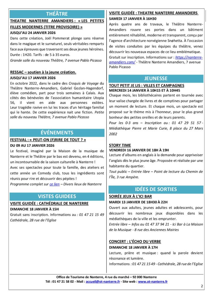 Agenda du 12 au 18 janvier 2026 P2 Agenda du 12 au 18 janvier 2026 P2 - Nanterre tourisme