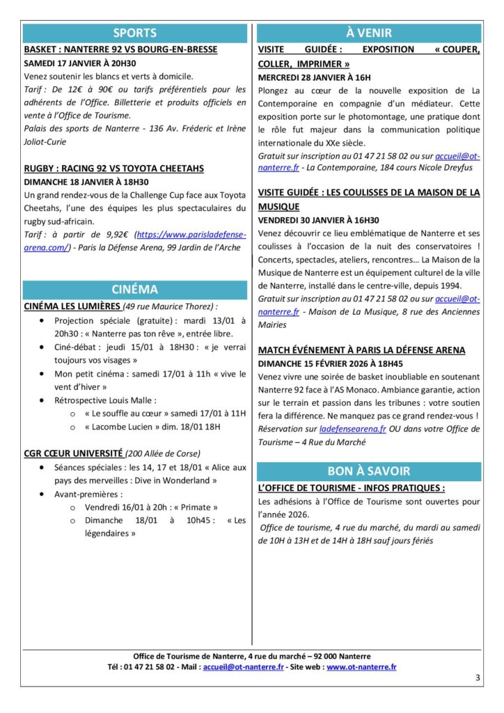 Agenda du 12 au 18 janvier 2026 P3 Agenda du 12 au 18 janvier 2026 P3 - Nanterre tourisme