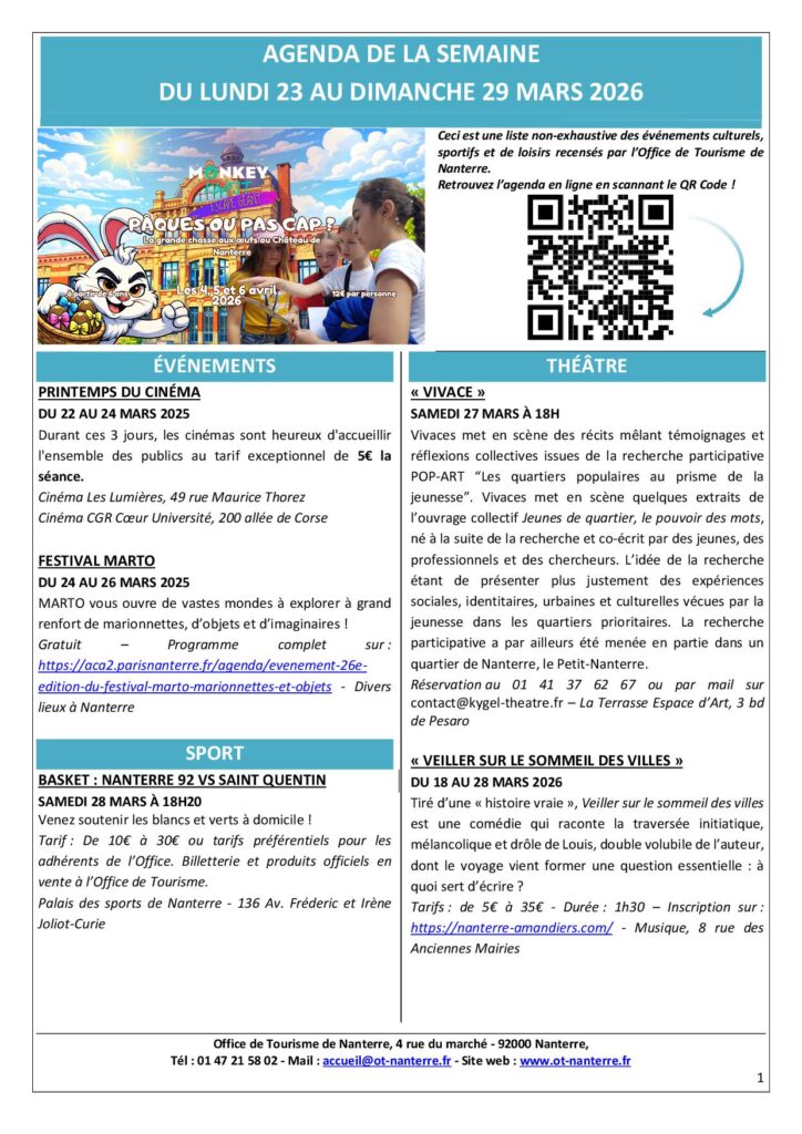Agenda du 23 au 29 mars 2026 p1 Agenda du 23 au 29 mars 2026 p1 - Nanterre tourisme