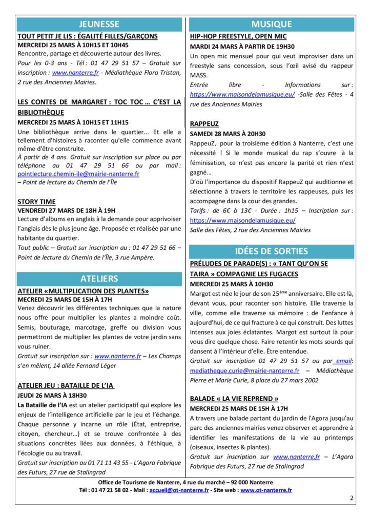 Agenda du 23 au 29 mars 2026 p2 Agenda du 23 au 29 mars 2026 p2 - Nanterre tourisme