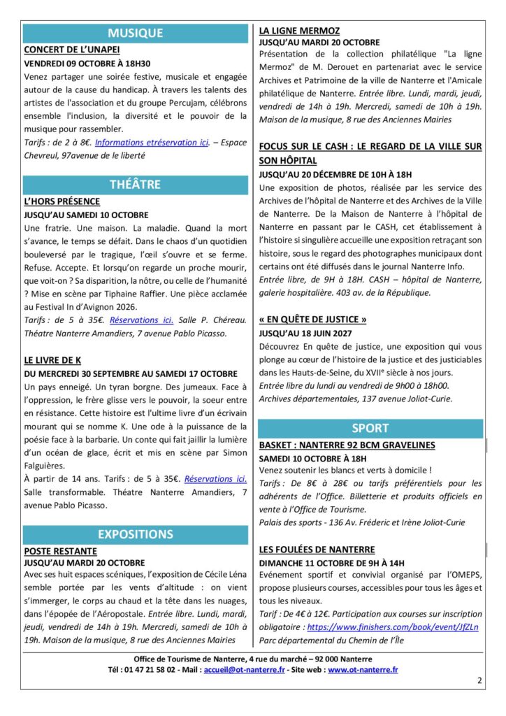 Agenda du 5 au 11 octobre 2026 P2 - Nanterre tourisme