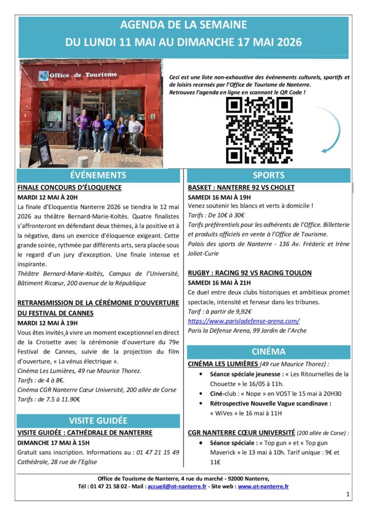 Agenda du 11.05 au 17.05.2026 p1 Agenda du 11.05 au 17.05.2026 p1 - Nanterre tourisme